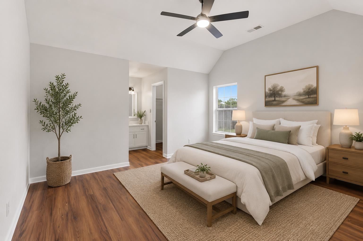 4101 Long Creek Road Memphis, TN 38125 - Photo 20 of 36 Vaulted ceiling bedroom featuring wood-finish flooring, a ceiling fan with integrated lighting, and a window with outdoor light