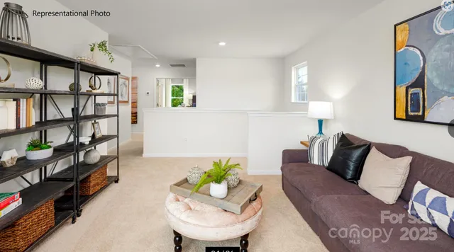 a living room with furniture a rug and a book shelf