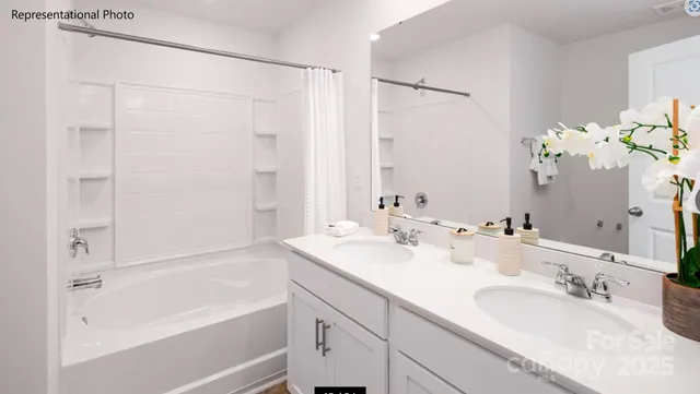 a bathroom with a tub sink and mirror