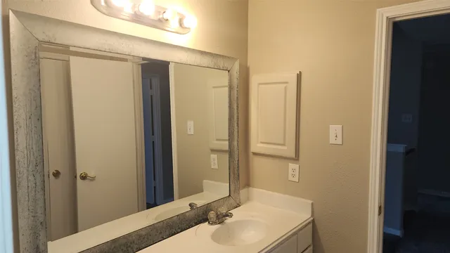 a bathroom with a sink and a mirror