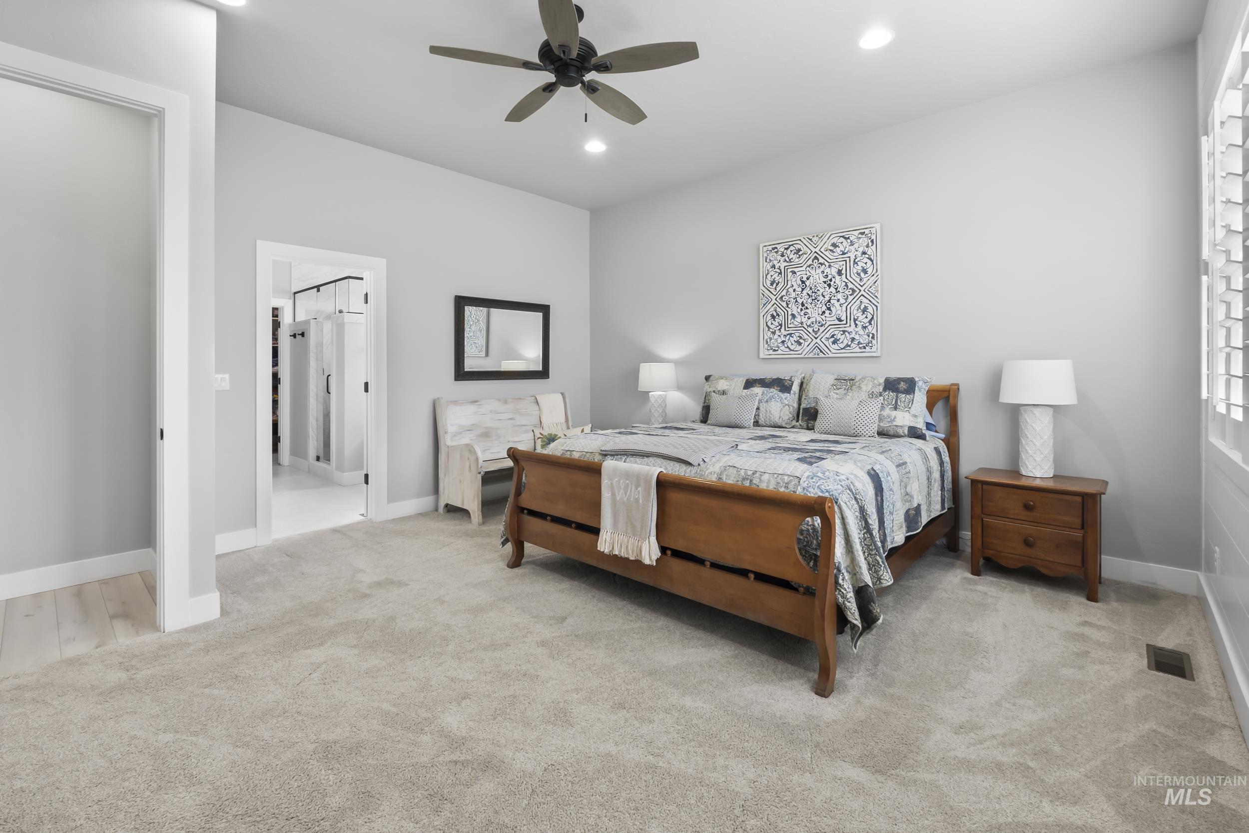 24696 Regal Road Middleton, ID 83644 - Photo 10 of 24 Bedroom with light carpet, recessed lighting, and ceiling fan