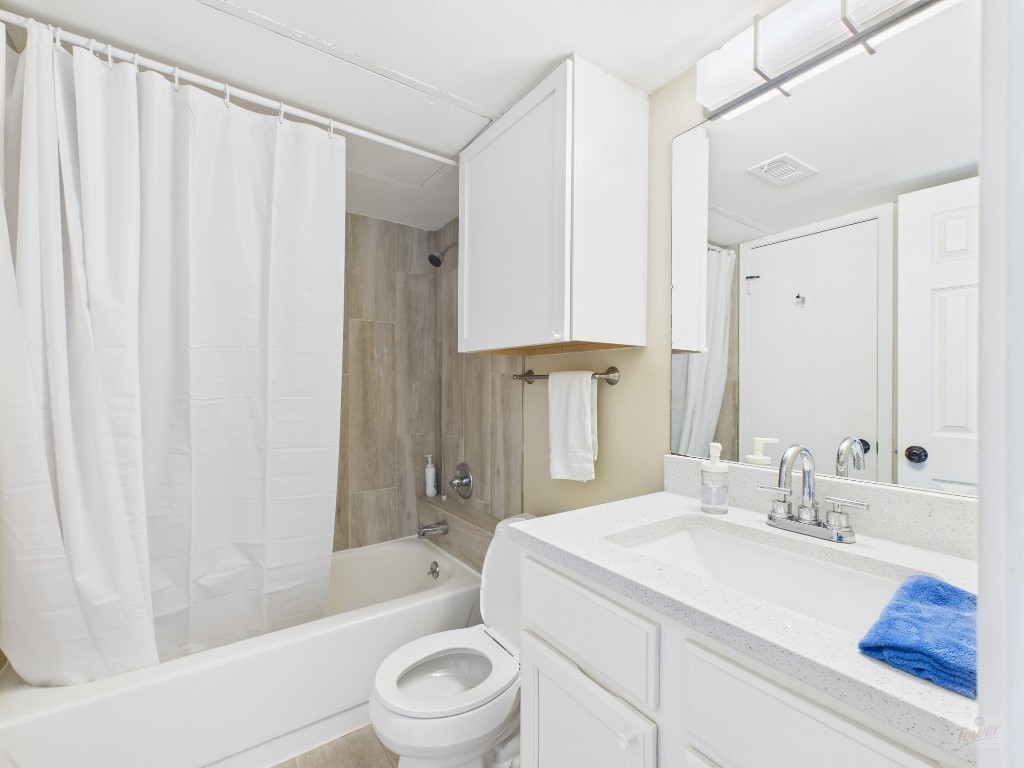 3115 Helms Street, Unit 202 Austin, TX 78705 - Photo 10 of 26 a bathroom with a sink a toilet a mirror and shower