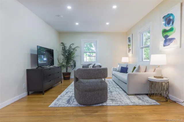 a living room with furniture and a potted plant