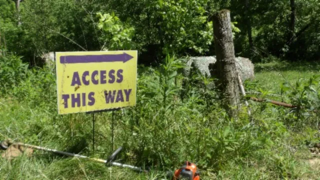 a sign that is sitting on a lush green field