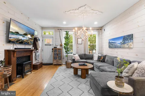 a living room with fireplace furniture and a flat screen tv