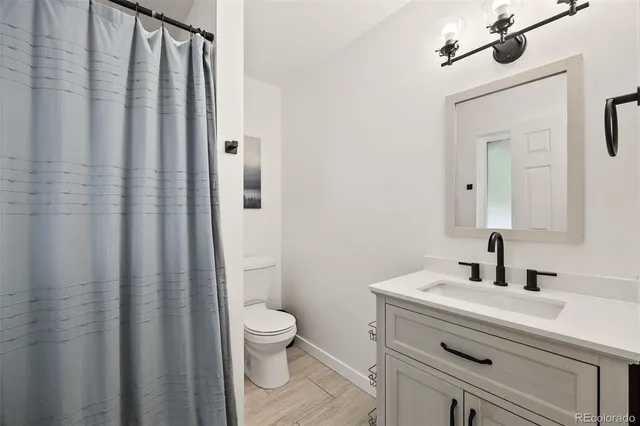 a bathroom with a sink a toilet and shower curtain
