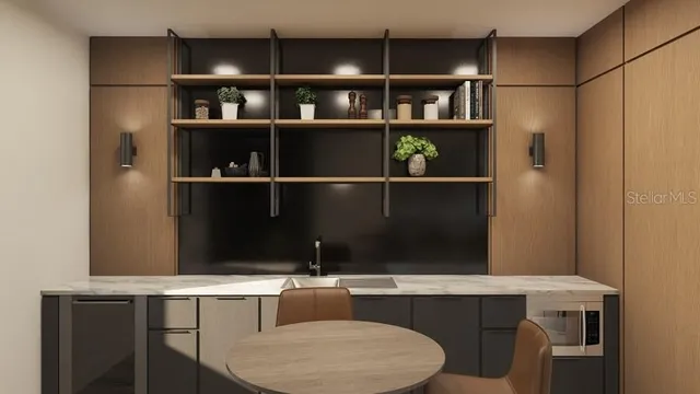 a room with a wooden table and chairs