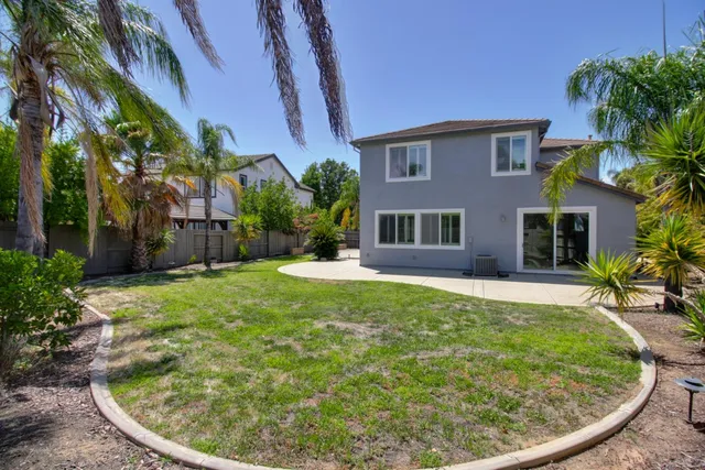 a backyard of a house with plants and tree