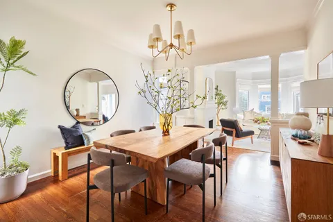 a view of a dining room with furniture window and wooden floor