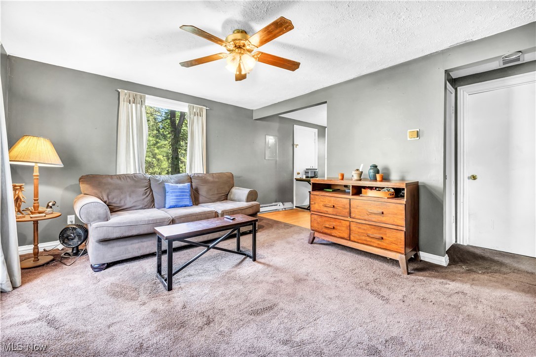 4032 Hanford Road Wakeman, OH 44889 - Photo 36 of 50 Living room featuring ceiling fan, a textured ceiling, and light carpet
