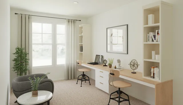 a workspace with furniture and window