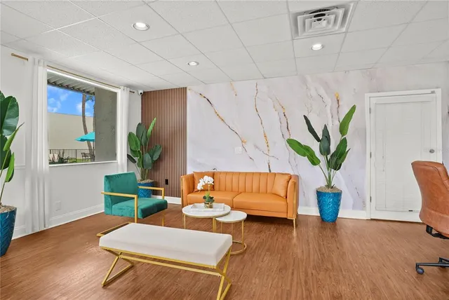 a living room with furniture and a potted plant