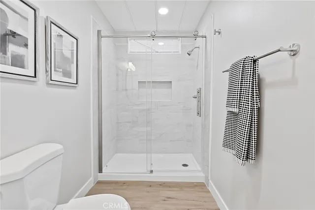 a bathroom with a shower and a toilet