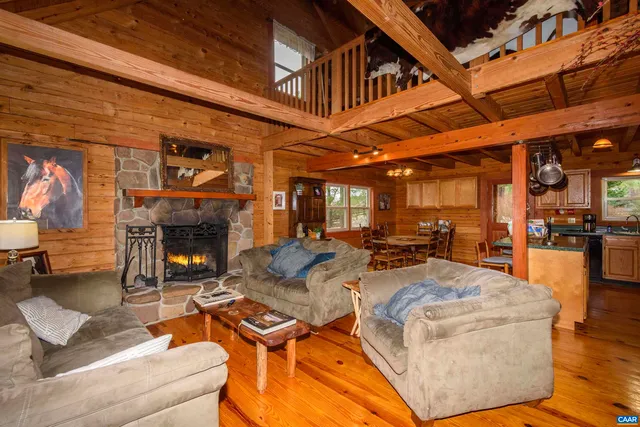 a living room with furniture a fireplace and a counter top space