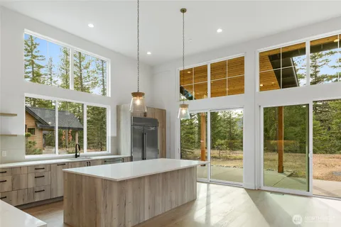 a living room with large window