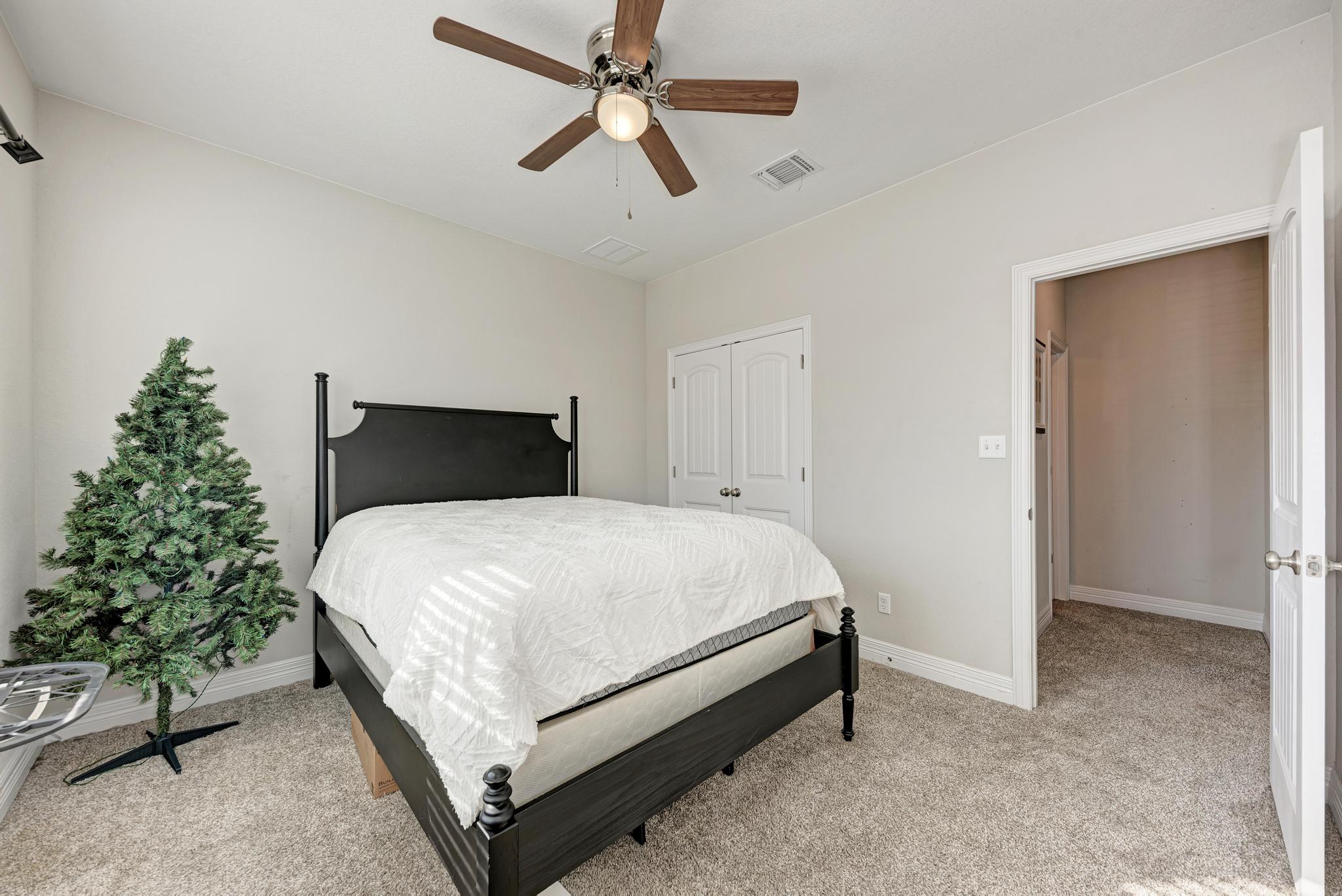 198 Rough Leaf Drive Buda, TX 78610 - Photo 20 of 38 Bedroom with ceiling fan, light colored carpet, and a closet