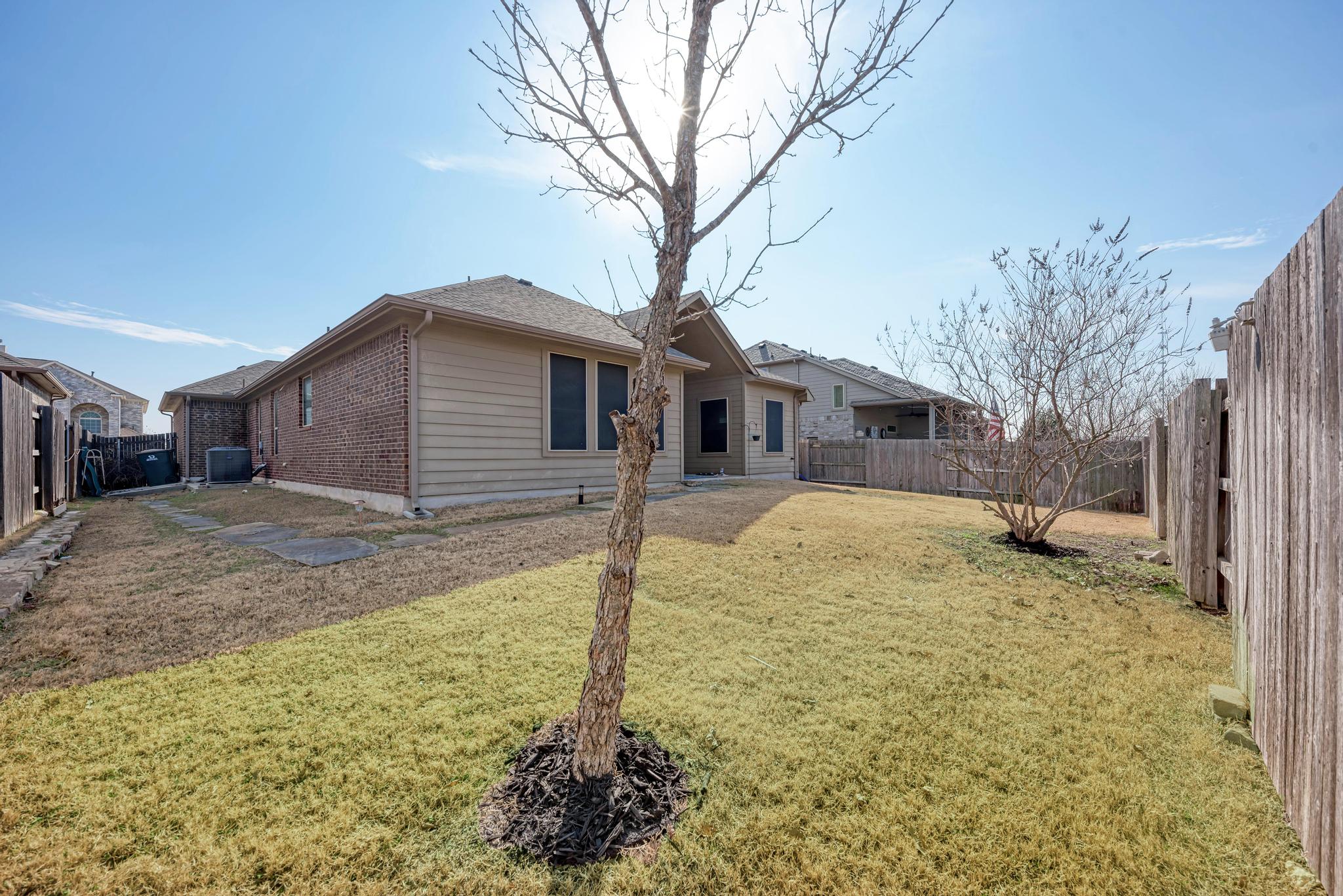 198 Rough Leaf Drive Buda, TX 78610 - Photo 30 of 38 Rear view of property with a fenced backyard and brick siding