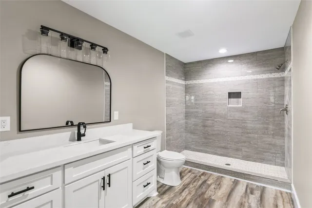 a bathroom with a sink a toilet and shower