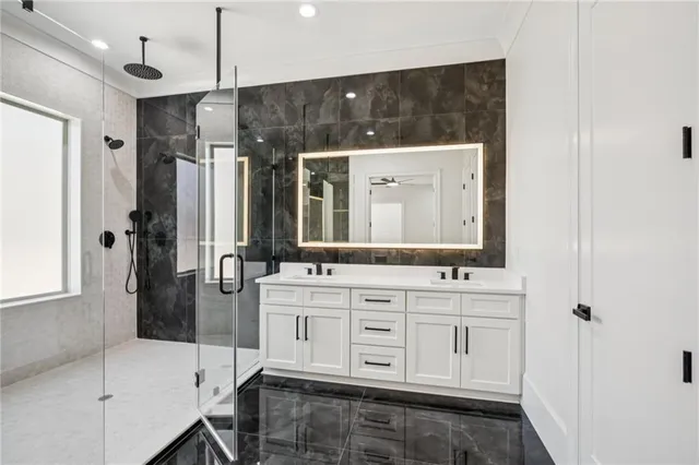 a view of a park with large trees