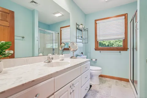 a bathroom with a sink a toilet and a large mirror