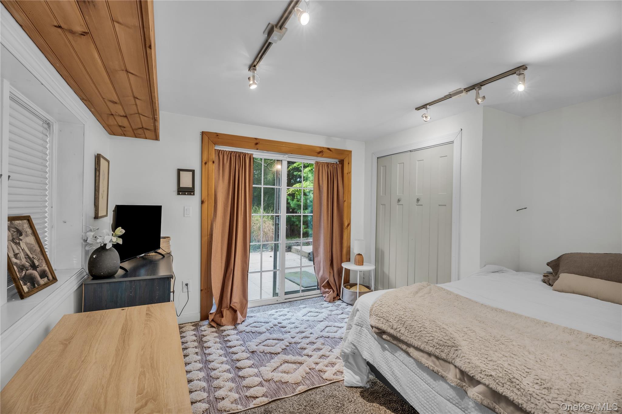 64 Sally Lane Ridge, NY 11961 - Photo 13 of 18 Bedroom with access to outside, rail lighting, a closet, and carpet