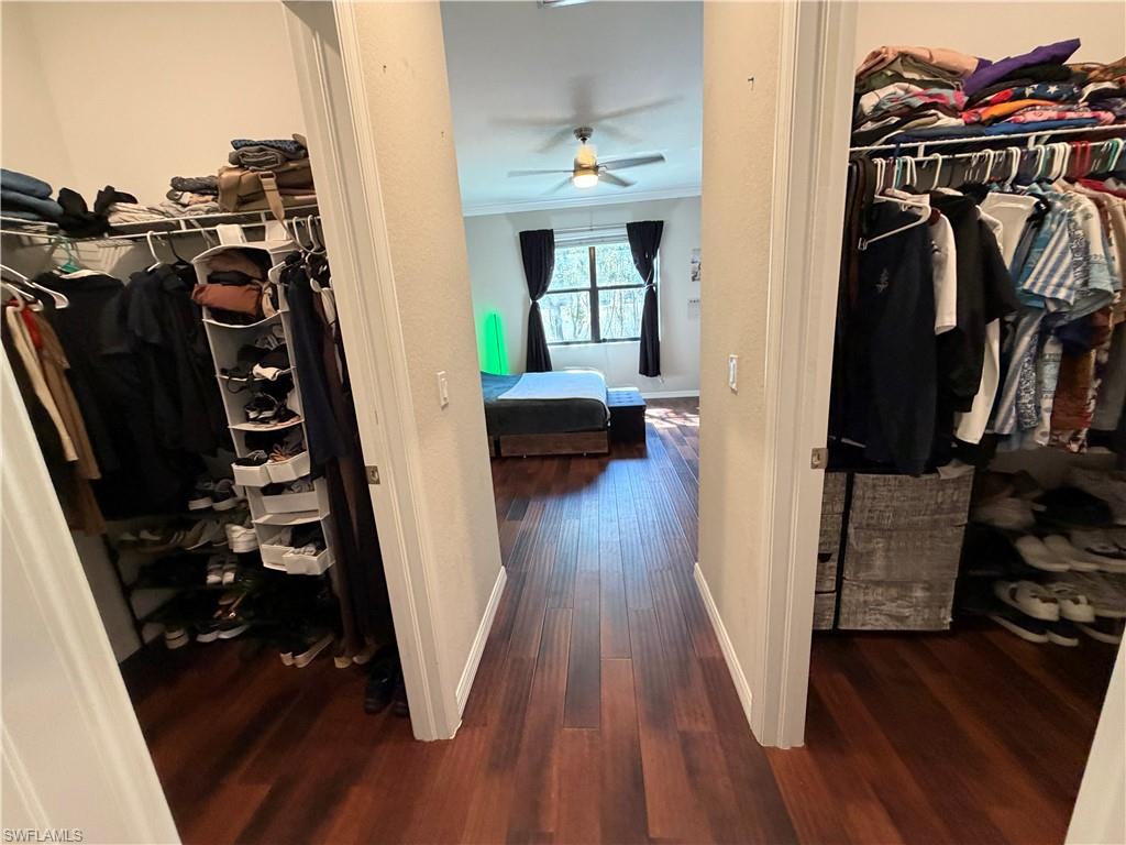 4284 Raffia Palm Circle Naples, FL 34119 - Photo 33 of 50 Him & Her Walk in closets featuring dark wood-type flooring and ceiling fan