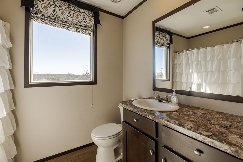 192 Chuckwagon Trail Harper, TX 78631 - Photo 6 of 23 a bathroom with a granite countertop sink toilet and mirror