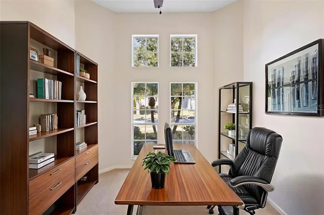 a living room with furniture and a bookshelf