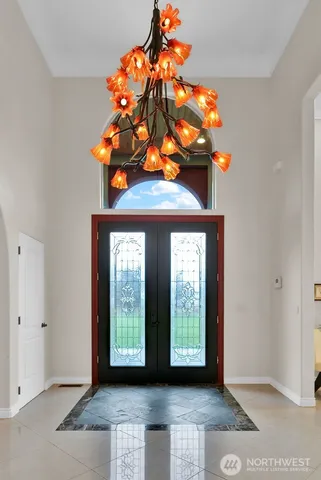 a view of a garage with a chandelier