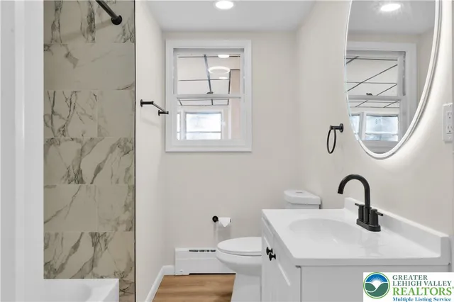 a bathroom with a sink a toilet and a mirror