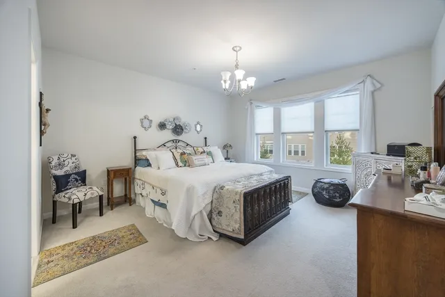 a bed room with a bed and a chandelier