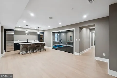 a living room with furniture and a table