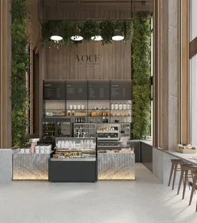 a view of outdoor kitchen and dining area