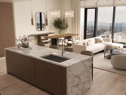 a living room with furniture and a large mirror