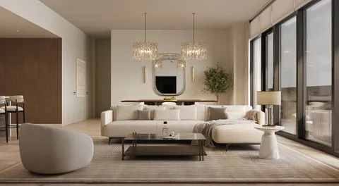 a living room with furniture and a chandelier