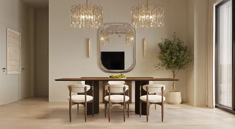 a view of a dining room with furniture and chandelier