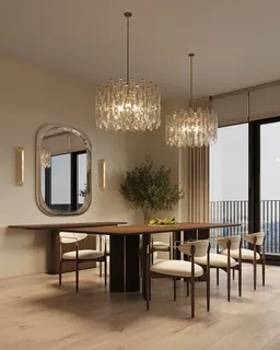 a view of a dining room with furniture a chandelier and window