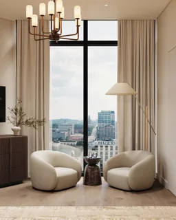 a balcony with furniture and a large window