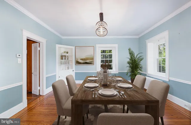 a view of a dining room with furniture window and wooden floor