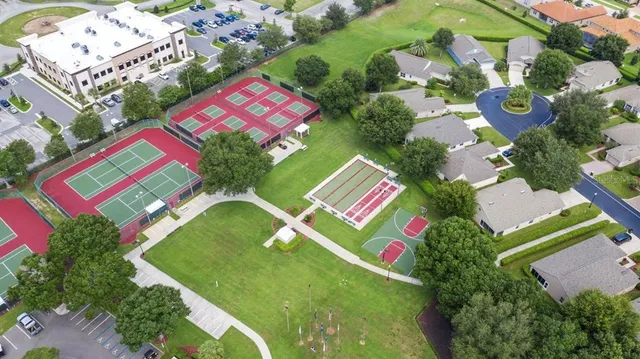 an aerial view of a and pool