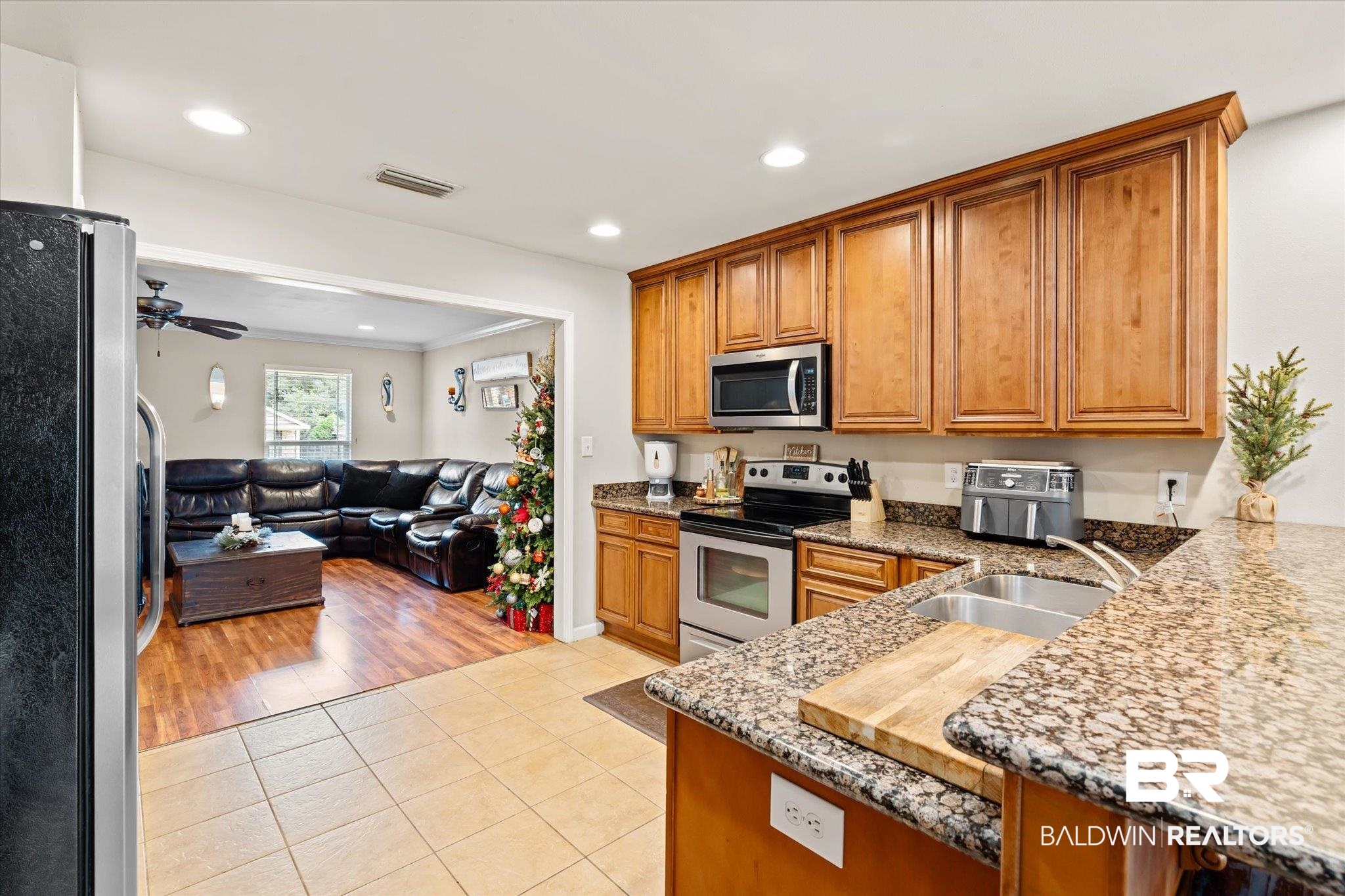 2855 Rebecca Drive West Mobile, AL 36618 - Photo 7 of 22 Kitchen with sink, ceiling fan, stone countertops, light hardwood / wood-style floors, and stainless steel appliances
