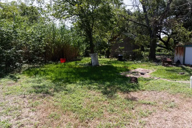 a view of a backyard with large trees