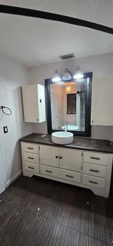a bathroom with a sink mirror and vanity