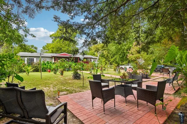 a view of a chairs and table in patio