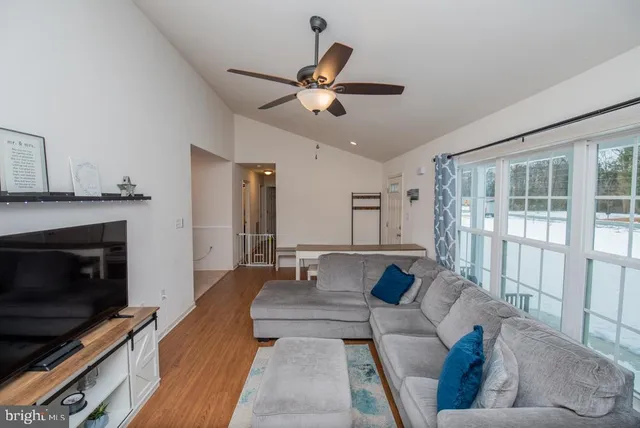 a living room with furniture a fireplace and a ceiling fan