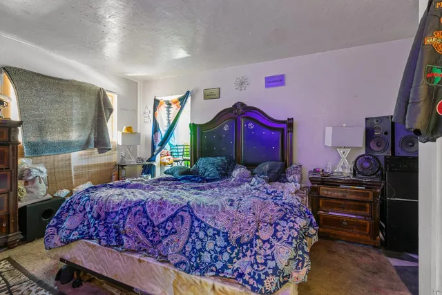 a bedroom with a bed a dresser and a potted plant