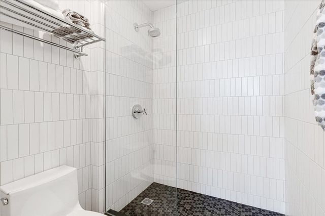 a bathroom with a shower and toilet