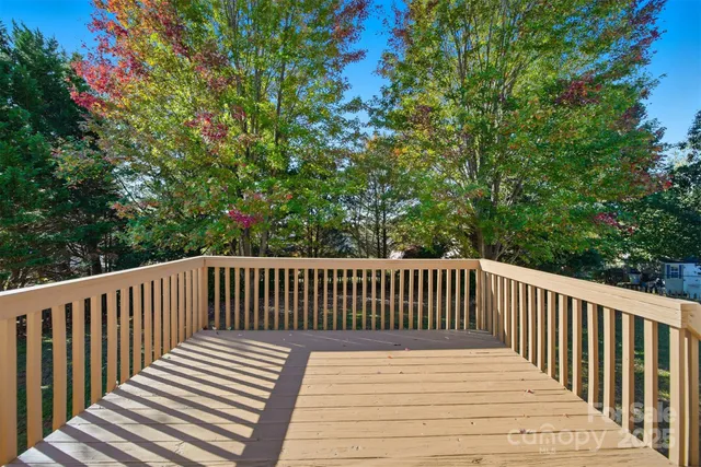 a terrace view with wooden floor and trees in the background