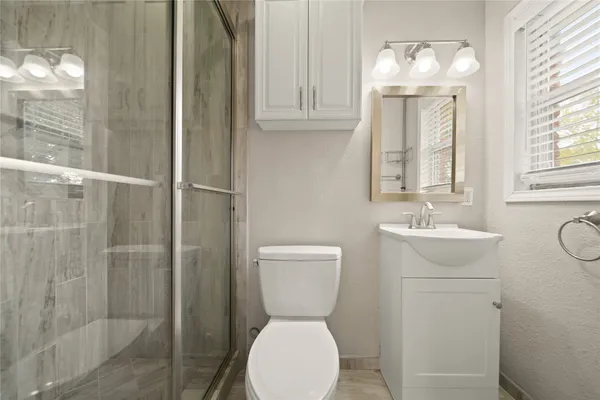 a bathroom with a toilet sink shower and mirror
