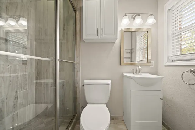 a bathroom with a toilet sink shower and mirror